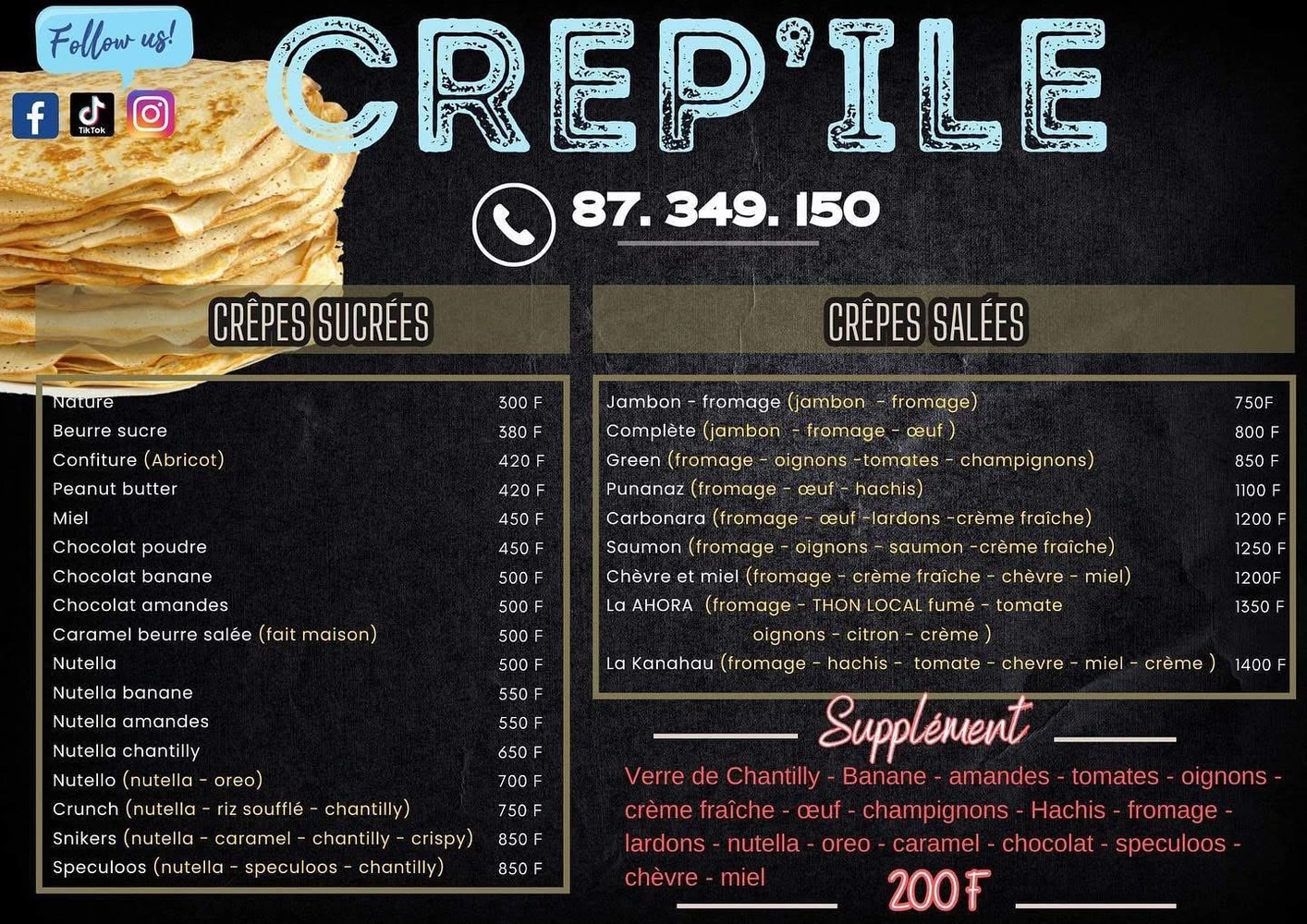 Carte Crêp'île : crêpes sucrées et crêpes salées avec les prix